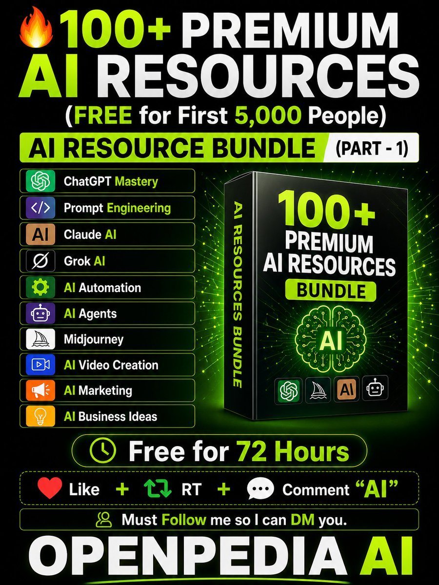 pankajarya95's tweet photo. 100+ Premium AI Resources (FREE for First 5,00 People)

𝗔𝗜 𝗥𝗘𝗦𝗢𝗨𝗥𝗖𝗘 𝗕𝗨𝗡𝗗𝗟𝗘

ChatGPT Mastery
Prompt Engineering
Claude AI
Grok AI
AI Automation
AI Agents
Midjourney
AI Video Creation
AI Marketing
AI Business Ideas

⏰ Free for 72 Hours

❤️ Like + 🔁 RT + Comment AI https://t.co/lRaFwwxMww