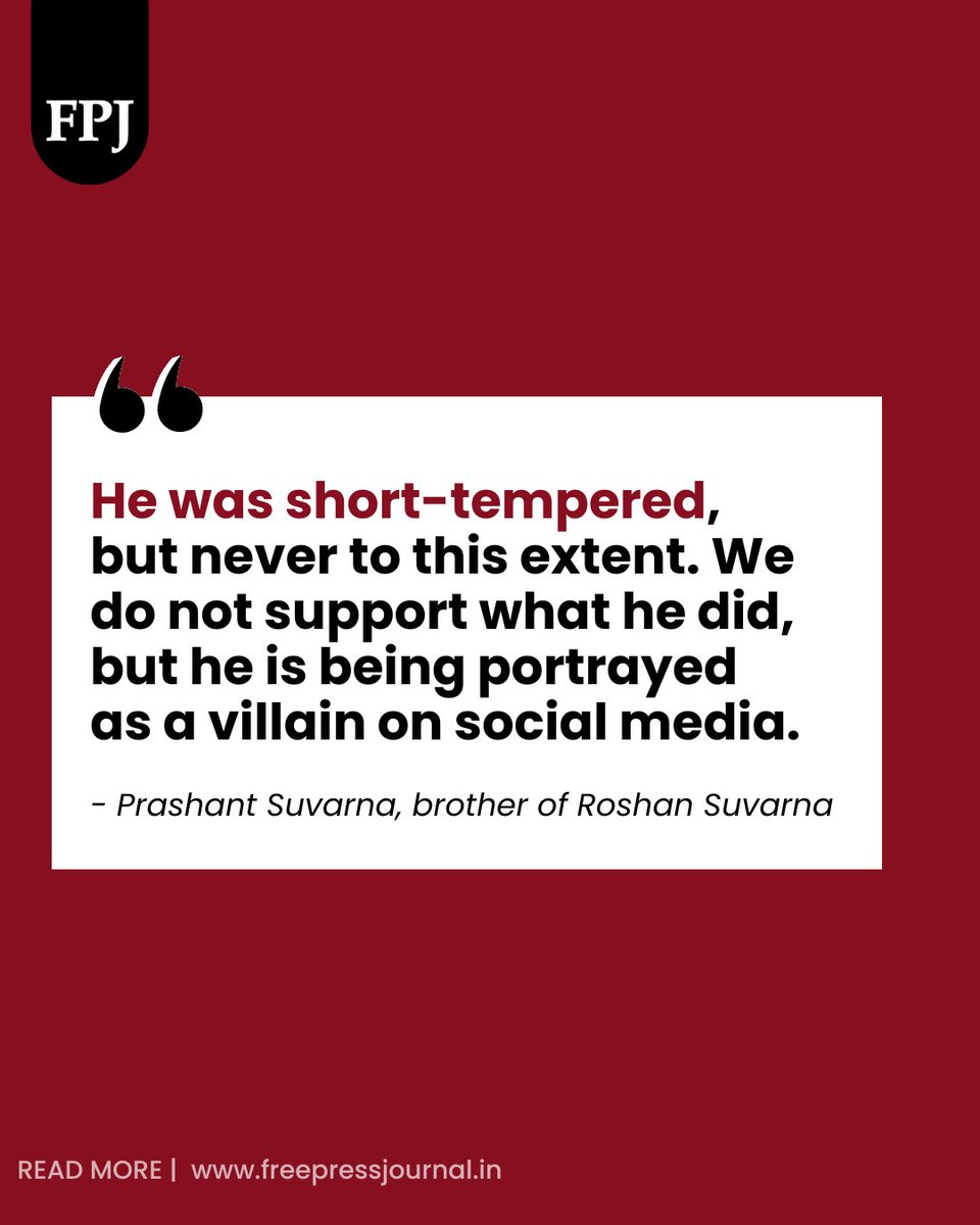 fpjindia's tweet photo. Roshan Ramesh Suvarna’s family claimed that he was intoxicated during the incident, returned home crying and later confessed before leaving for Panvel.

👉Suvarna, an HSC dropout, lives with his parents and sister in Mira Road East. He is unmarried and undertakes barcode-related freelance work, while his father runs a Xerox shop. 

👉His brother, Prashant Suvarna, 35, said Roshan drank occasionally but was under the influence of alcohol on Tuesday.

👉He claimed Roshan usually travelled by AC local trains but boarded a first-class fast local after failing to book a cab because of the rain.

Read the full report by @meghakuchik1 on The Free Press Journal.
Link: https://t.co/ss7JLmlIkB

#MumbaiLocal #mumbai #MumbaiNews #RoshanSuvarna #MayankLohar