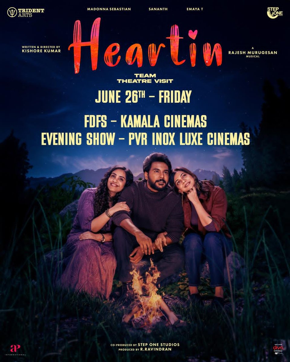 tridentartsoffl's tweet photo. The feel-good rom-com #Heartin is IN CINEMAS FROM TODAY 🤗❤️

Catch Team Chennai Theatre today : 
FDFS – Kamala Cinemas
Evening Show – PVR INOX Luxe

Written &amp; Directed by @kishoredir 🎬
A @RajeshMRadio Musical 🎶

@sananth__ @madonnasebast14 @emayaing @mukes47 https://t.co/ahZ2N0an8v