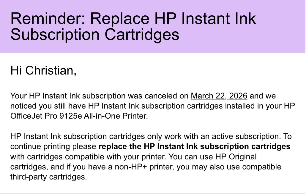 pronounced_kyle's tweet photo. There is ink in my printer, but I can't use it.

Because apparently I cancelled my subscription to "HP Instant Ink." 

Insanely dystopic https://t.co/w7XAJnuOWP