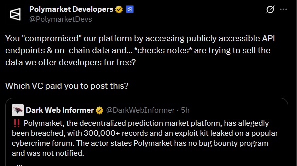 vxunderground's tweet photo. I FUCKING KNEW IT.

I saved a file on my computer called "do_not_delete". It was on April 28th, 2026. Polymarket was mocking people for discussing whether or not Polymarket was compromised (in fairness, it wasn't), however Polymarket mocked Threat Actors, indirectly boasting their cybersecurity capabilities.

I publicly stated it was a bad idea to taunt Threat Actors because taunting them is a recipe for disaster, additionally they're a large organization with a large target on their back.

IT FUCKING HAPPENED. I TOLD YOU. I TOLD YOU.

Anyway, "told-you-so" aside, I am willing to gamble this is not the first time, or the last time, Polymarket or Polymarket users are targeted. This is only the beginning.

How do I start a Polymarket prediction thingy on Polymarket being compromised?