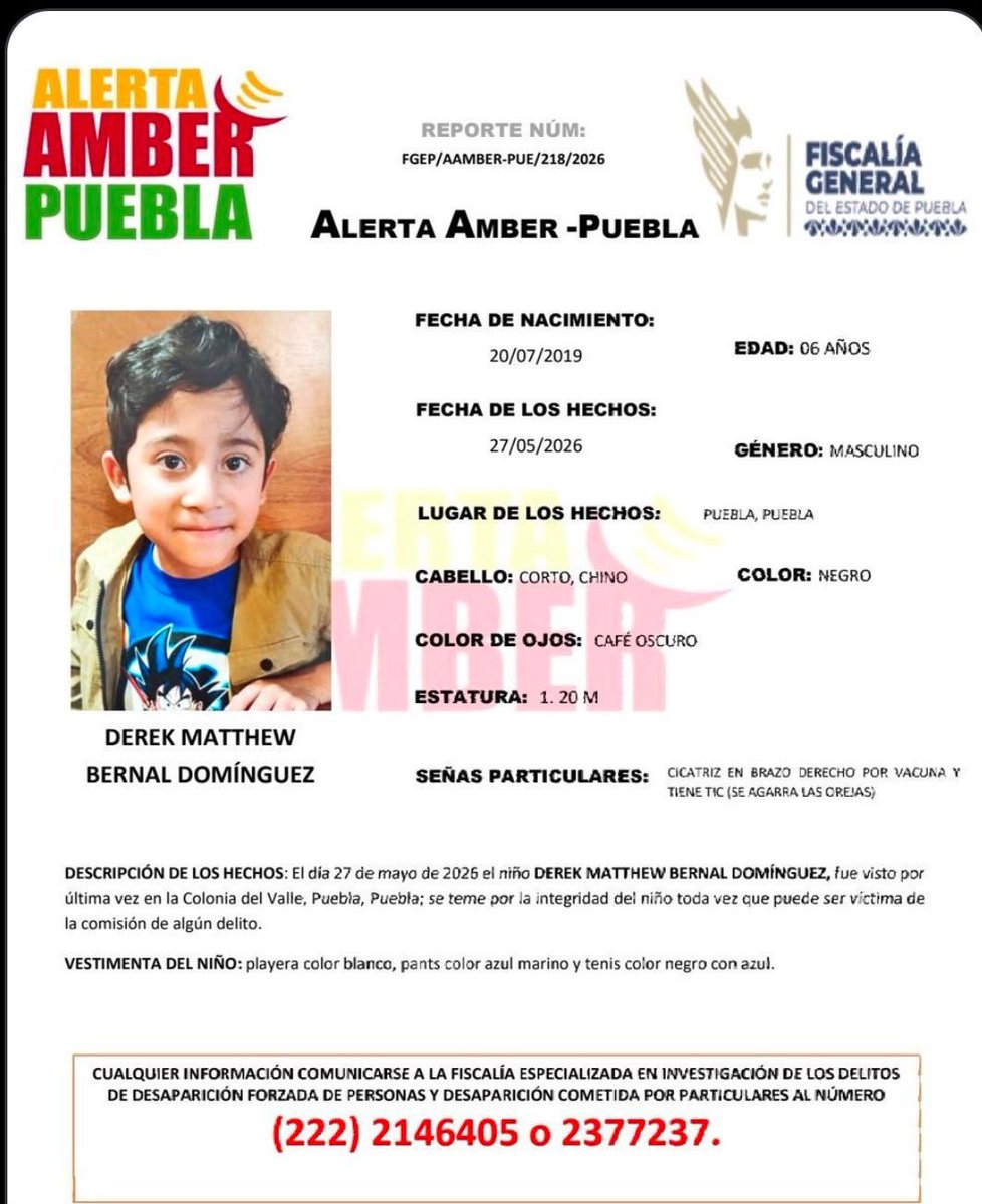 alvarez_armando's tweet photo. Se pide ayuda para localizar a Derek Matthew Bernal Domínguez 🆘 

Sólo tiene 6 años y fue visto por última vez en #Puebla capital. Si tienes información que ayude a localizarlo, comunícate de inmediato a los teléfonos (222) 214 6405 o 237 7237. @FiscaliaPuebla 

Compartir también ayuda 🙏🏻