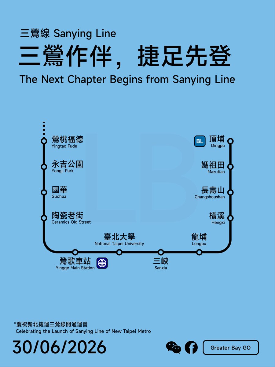 GreaterBayGO's tweet photo. 🚇三鶯線���將開通！

三鶯線將於2026年6月30日正式開通。直至8月31日，三鶯線均可以免費乘車。 https://t.co/mPIRXD5Q4q