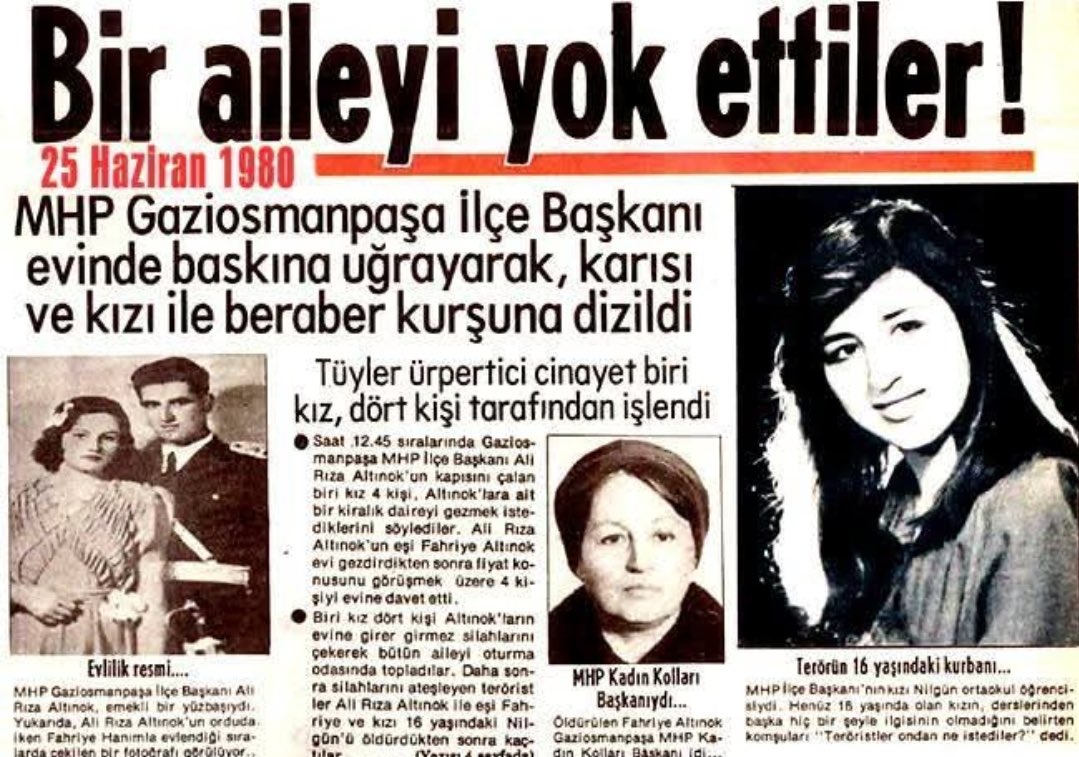 kizilelma027's tweet photo. Unutursak Kanımız Kurusun!

Tam 46 yıl önce bugün teröristler, emekli yüzbaşı MHP Gaziosmanpaşa İlçe Başkanı Ali Rıza Altınok, eşi Fahriye Altınok ve kızları Nilgün Altınok'u evlerinde kurşunlayarak şehit ettiler.

Vatan için hayatını feda eden Ülkücü şehitlerimize rahmet olsun! https://t.co/tMnrUBOSdW