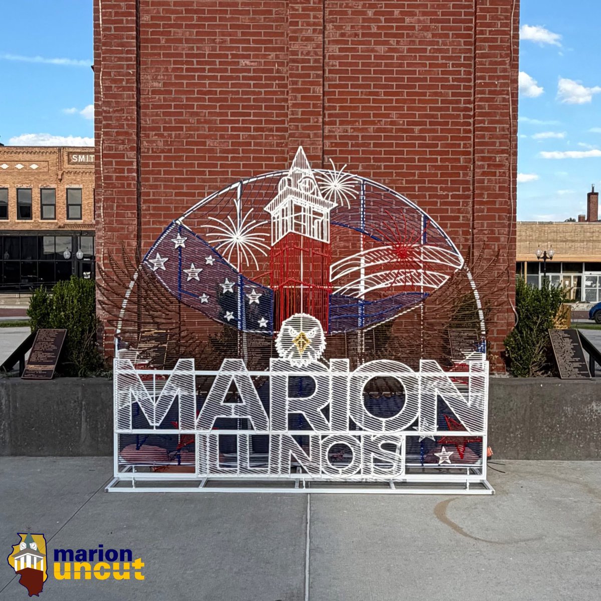 MarionUncut's tweet photo. 🇺🇸 Check out Marion’s new USA 250 landmark at Tower Square! Featuring the Clock Tower, a bald eagle, fireworks, and patriotic artwork, it’s the perfect photo spot ahead of America’s 250th celebration. 📸 Stop by before it’s gone! https://t.co/5M7WTeSRHL