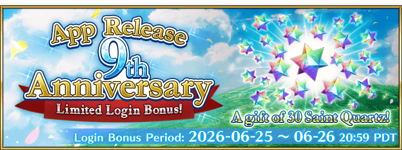 FateGO_USA's tweet photo. June 25 marks the 9th anniversary of the release of Fate/Grand Order English version. Thank you, Masters! To express our gratitude, we're distributing the "App Release Anniversary Limited Login Bonus" of 30 Saint Quartz!

More info ➡️ https://t.co/gXiIQKrwgb
#FateGOUSA https://t.co/lkDSzC3ZFK