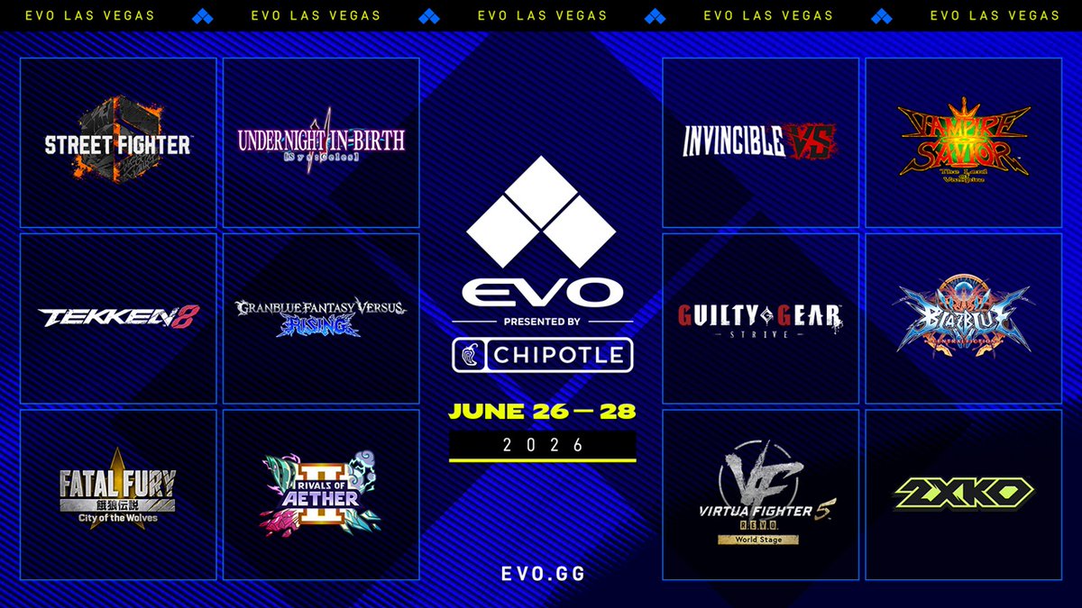 kakuge_checker's tweet photo. 【EVOラスベガス】本日26時より、アメリカ「EVO 2026」初日が開幕 ＞ https://t.co/knRGnf6CVF

世界最大級の格ゲー大会「EVO」の本家アメリカ大会。
メインはスト6、鉄拳、2X、RoA、GG、GBVS、餓狼、IVS、セイヴァー、BB、UNI、VFの全12種目。
ユニーク5,700名以上、日本からも200名以上が参加。

■放送先
・公式日本語放送
https://t.co/qg6iipQnGq
https://t.co/qs5qFxLpg9

・現地日本勢 配信情報
https://t.co/VnThZ0c69R ※すぐ見つけられた方のみ

・本放送YouTube
https://t.co/7MS5hWDAf5

・本放送ツイッチ
https://t.co/qijbhmiQY7 evo
https://t.co/QEaxENbtiN ch1
https://t.co/kWaakwVMwb ch2
https://t.co/BgyPtOoQI6 ch3
https://t.co/kymbjfhjtX ch4
https://t.co/kfF7ZlO9md ch5
https://t.co/Xs8PCuvjUX ch6
https://t.co/I63MJvxWGq ch7
https://t.co/OqWs6YLPqC ch9
https://t.co/ZII7Ub7j7P ch10

■日本時間日程（24時間表記）
▼配信スケジュール 1日目
【evo】
6月27日（土）02:00 『Welcome to EVO』
6月27日（土）02:30 DOA6 『エキシビション＆早矢仕』
6月27日（土）03:30 『キャノンアワード』
6月27日（土）04:00 RoA2 『ロードマップ』
6月27日（土）04:30 『チポトレ』
6月27日（土）05:00 スト6 『Super Art（お絵描きゲーム）』
6月27日（土）06:00 餓狼CotW 『アップデートショウケース』
6月27日（土）07:00 2X 『デュオエキシビション』
6月27日（土）08:00 IVS 『ショウケース』
6月27日（土）08:30 スト6 『対談：Seth Killian & Punk』
6月27日（土）09:30 『アーティスト：大張正己 & 岡野正衛』
6月27日（土）10:00 マーベル闘魂 『発売前大会：決勝』
6月27日（土）10:30 UNI2 『開発チーム』
6月27日（土）11:00 アバター 『パネル』
6月27日（土）12:00 スト6 『Tyler1 vs Ludwig』

【ch02】
6月27日（土）03:00 スト6 ラウンド1

【ch03】
6月27日（土）03:00 鉄拳8 ラウンド1

【ch04】
6月27日（土）03:00 2X ラウンド1

【ch05】
6月27日（土）03:00 RoA2 ラウンド1

【ch06】
6月27日（土）03:00 GGST ラウンド1、2、3

【ch07】
6月27日（土）03:00 GBVSR ラウンド1、2
6月27日（土）11:00 GBVSR Top24→8

【ch09】
6月27日（土）03:00 BBCF ラウンド1
6月27日（土）07:00 UNI2 ラウンド1
6月27日（土）11:00 UNI2 Top24→8

【ch10】
6月27日（土）03:00 VF5REVO ラウンド1
6月27日（土）05:00 VF5REVO Top24→8
6月27日（土）07:00 Vセイヴァー ラウンド1

▼配信スケジュール 2日目
【evo】
6月28日（日）02:00 GBVSR Top8★
6月28日（日）06:00 GGST Top8★
6月28日（日）10:00 RoA2 Top8★

【ch01】
6月28日（日）02:00 VF5REVO Top8★
6月28日（日）05:00 UNI2 Top8★
6月28日（日）09:00 コスプレ 決勝
6月28日（日）10:00 BBCF 『参戦キャラ発表』
6月28日（日）10:00 BBCF Top8★

【ch02】
6月28日（日）03:00 スト6 ラウンド2、3
6月28日（日）11:00 スト6 Top24→8

【ch03】
6月28日（日）03:00 鉄拳8 ラウンド2、3
6月28日（日）10:00 鉄拳8 Top24→8

【ch04】
6月28日（日）03:00 2X ラウンド2、3
6月28日（日）10:00 2X Top24→8

【ch05】
6月28日（日）03:00 RoA2 ラウンド2、3
6月28日（日）06:00 RoA2 Top24→8
6月28日（日）10:00 鉄拳8 Top24→8

【ch06】
6月28日（日）03:00 GGST Top24→8
6月28日（日）05:00 IVS ラウンド1、2
6月28日（日）11:00 IVS Top24→8

【ch07】
6月28日（日）03:00 餓狼CotW ラウンド1、2
6月28日（日）11:00 餓狼CotW Top24→8

【ch09】
6月28日（日）03:00 BBCF ラウンド2
6月28日（日）05:00 BBCF Top24→8
6月28日（日）08:00 スト6 ラウンド3
6月28日（日）11:00 スト6 Top24→8

【ch10】
6月28日（日）03:00 Vセイヴァー ラウンド1、2
6月28日（日）07:00 Vセイヴァー Top24→8
6月28日（日）10:00 2X Top24→8

▼配信スケジュール 3日目
【evo】
6月29日（月）02:00 2X Top8★
6月29日（月）06:00 鉄拳8 『ボブトレーラー発表』
6月29日（月）06:00 鉄拳8 Top8★
6月29日（月）10:00 『スペシャルアナウンス』
6月29日（月）10:30 スト6 Top8★

【ch01】
6月29日（月）02:00 Vセイヴァー Top8★
6月29日（月）04:00 IVS Top8★
6月29日（月）07:00 餓狼CotW Top8★

■大会経過、トーナメント表
https://t.co/Boy0aV2NN6

・EVO 2026 現地日本勢Xリスト
https://t.co/9nzsUSyDhn ※作業上の都合で、大会から数日後以降に削除予定です。

■出演者
https://t.co/oksnwXVMbk 公式日本語放送 出演者一覧

■会場
海外 - アメリカ ネバダ州 ラスベガス・コンベンションセンター

■エントリー数
スト6（2,414） 鉄拳8（1,354） 2XKO（1,080） RoA2（1,022） GGST（912） GBVSR（466） 餓狼CotW（443） IVS（403） Vセイヴァー（259） BBCF（248） UNI2（213） VF5REVO（112）

■大会形式
オープントーナメント

■賞品・賞金
イベント全体の賞金総額は50万ドル（約8,000万円）。
各タイトルの賞金額はエントリー数順で決定され、最もエントリー数の多い種目（スト6）の優勝賞金は4万ドル（約640万円）。

■イベント公式サイト
https://t.co/lMrEbPdhaT EVO公式サイト
https://t.co/xJ9RNimpUh EVO X
https://t.co/AlJuoXXwR2 EVO Japan X

■メモ
https://t.co/GE1CNIrpVE