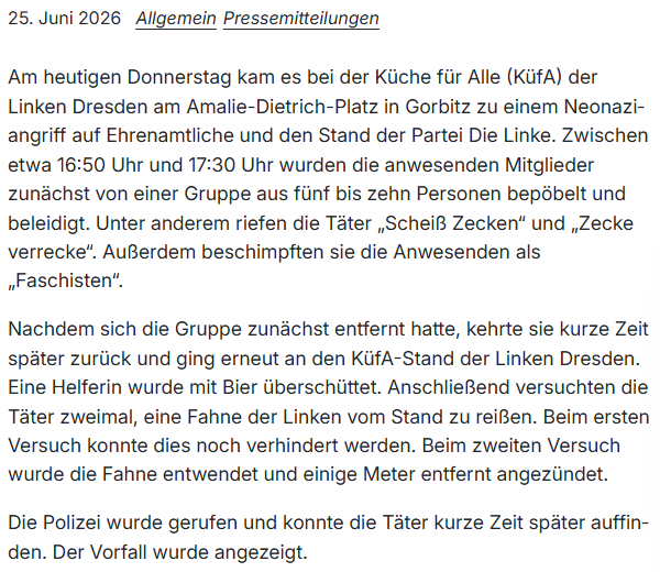 dd_nazifrei's tweet photo. Wie die Partei „#DieLinke“ in einer PM berichtet, gab es gestern am späten Nachmittag erneut einen Angriff von #NeoNazis in #Dresden-#Gorbitz. Nach Pöbelleien kam es später zu Tätlichkeiten gegen Parteimitglieder &amp; ehrenamtliche Helfer*innen einer 'Küche für alle' (Küfa). #DD2506 https://t.co/YoH6eZ0XHP