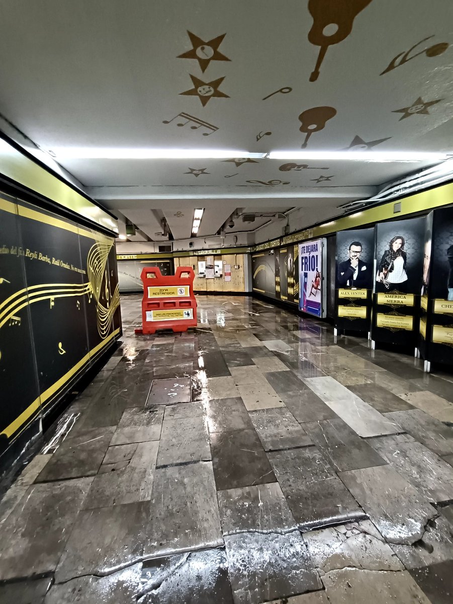 ni_puta_idea's tweet photo. metro división del norte, de la línea 3 del @MetroCDMX. 

hoy llovió muy fuerte en @BJAlcaldia, y la infraestructura actual del metro otra vez fue insuficiente. los usuarios preferimos salir sin los pies mojados de agua de alcantarilla, en vez de mosaicos negros y candiles feos. https://t.co/w2Rg5mBaO1