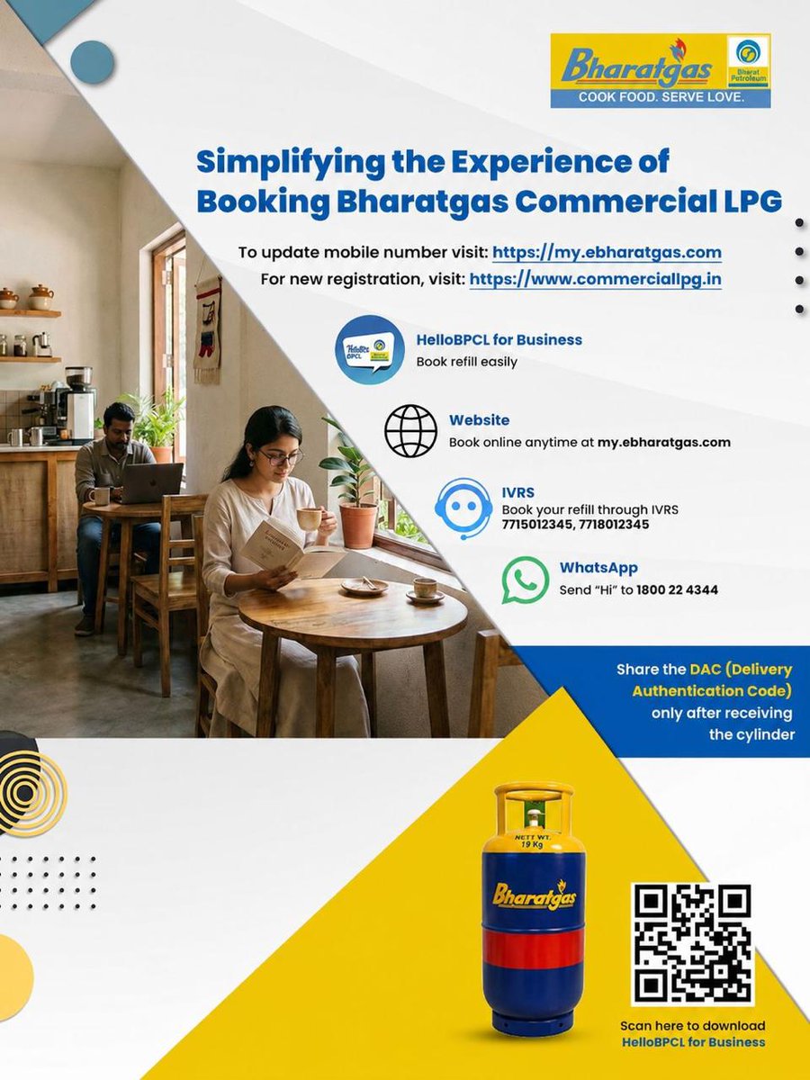 BPCLSurat's tweet photo. Book your Bharatgas commercial LPG with multiple digital modes.
Share DAC code after receiving the cylinder.

@BPCLimited @BPCLLPG @PetroleumMin @HardeepSPuri @Secretary_MoPNG
#Bharatgas #BharatgasCommercial #CommercialLPG
#HelloBPCL https://t.co/R4Zd3ew9xg