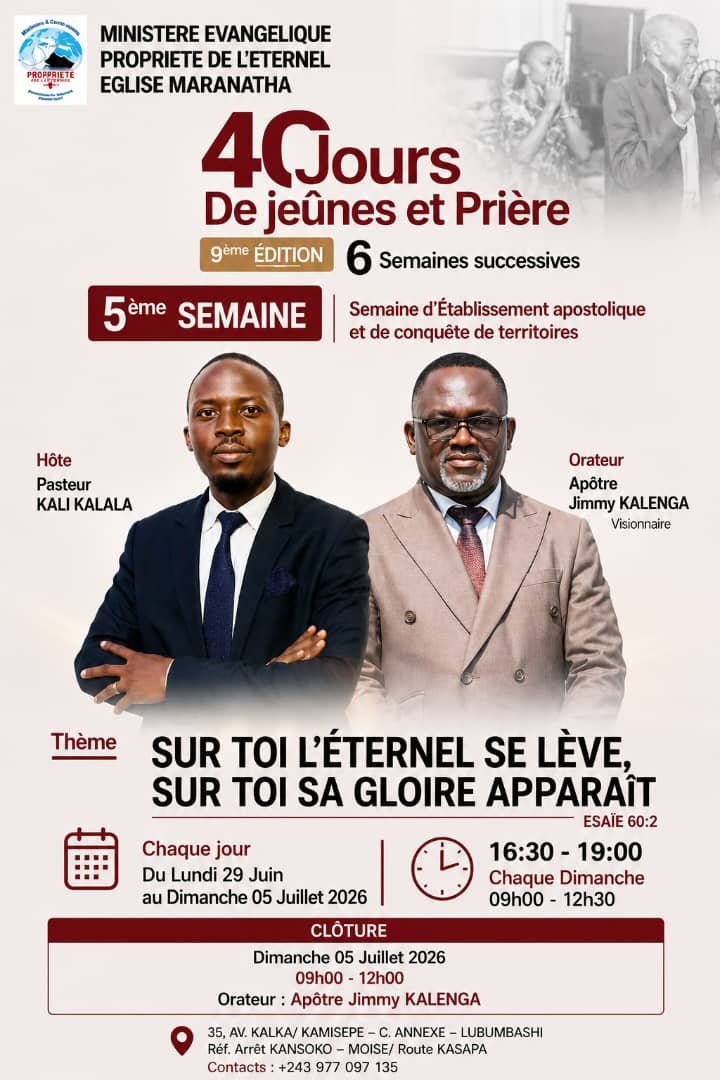 JimmyKalenga1's tweet photo. Tu es mon invité du lundi 29 juin au mercredi 1er juillet 2026 à Maranatha Lubumbashi. https://t.co/IirGFRV6Hm