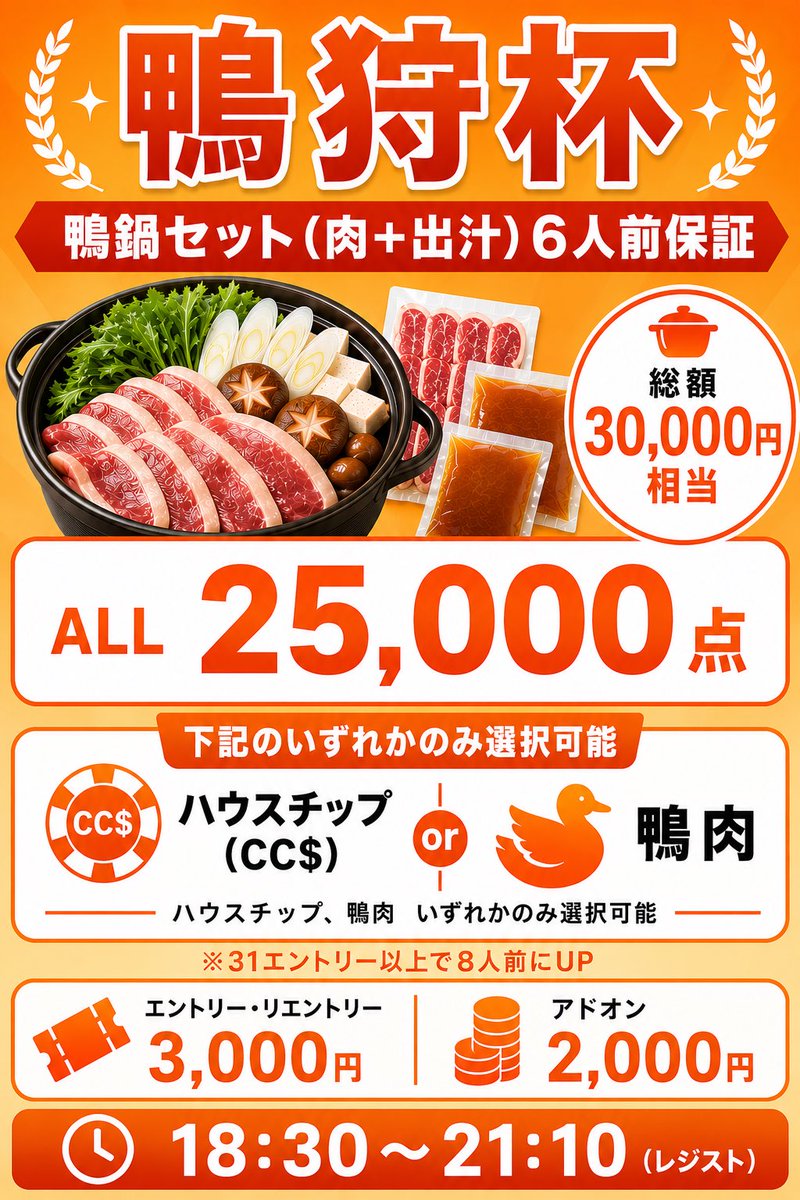 ComeCasino's tweet photo. 🦆🔥【鴨狩杯 開催】🔥🦆

🌀台風に負けるな🌀
リポストで抽選で3️⃣名様招待✨
締切は本日17:00まで！
〜条件〜
①この投稿をリポスト🔄
②鴨狩杯初参加🔰
③19:30までのご参加

豪華「河内鴨セット」をかけた
ハウストーナメント開催‼️

⏰START 18:30〜
⏰レジスト 21:10まで

💰Entry / Re-entry
3,000円 / 25,000点

💰Add on
2,000円 / 25,000点

⚠️1stエントリーのみチップエントリー不可
🎫マルチチケット使用可能

🌟アーリーバード特典🌟
19:30までに来店＆エントリーで
【スタート時 +5,000点】

🍲プライズ🍲
〜30エントリー
🥇河内鴨4人前セット
🥈河内鴨2人前セット

31エントリー〜
🥇河内鴨4人前セット
🥈河内鴨2人前セット
🥉河内鴨2人前セット

ポーカーで勝って、
美味しい鴨肉もGETしよう😋✨

ご参加お待ちしております‼️

#COMEONCASINO #カモカジ #ポーカー大阪 #ポーカートーナメント #鴨狩杯