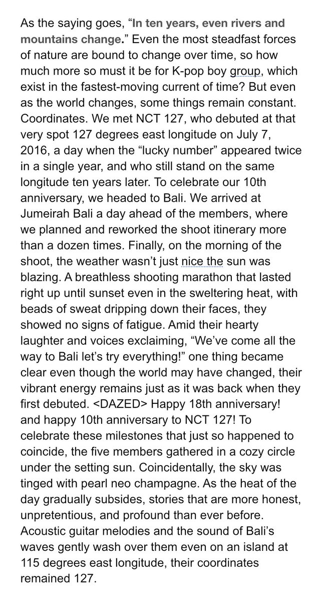 mybelovesun's tweet photo. haechan for dazed korea

as the saying goes “In ten years, even rivers and mountains change.”
to celebrate these milestones that just so happened to coincide, the five members gathered in a cozy circle under the setting sun. https://t.co/kPBDuldHRb