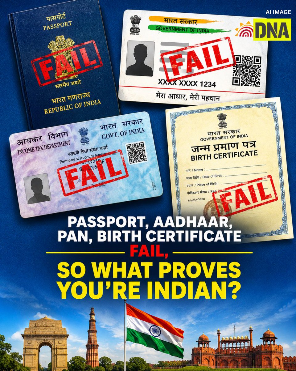 dna's tweet photo. How do Indians actually prove they belong to India? The MEA’s comment on passports has left Indians in fear and confusion, questioning what document actually proves Indian citizenship.
Read Here: https://t.co/TdVzQldeOw
#DNAUpdates #IndianCitizenship #Passport #AdhaarCard https://t.co/s6LE1fcCTs