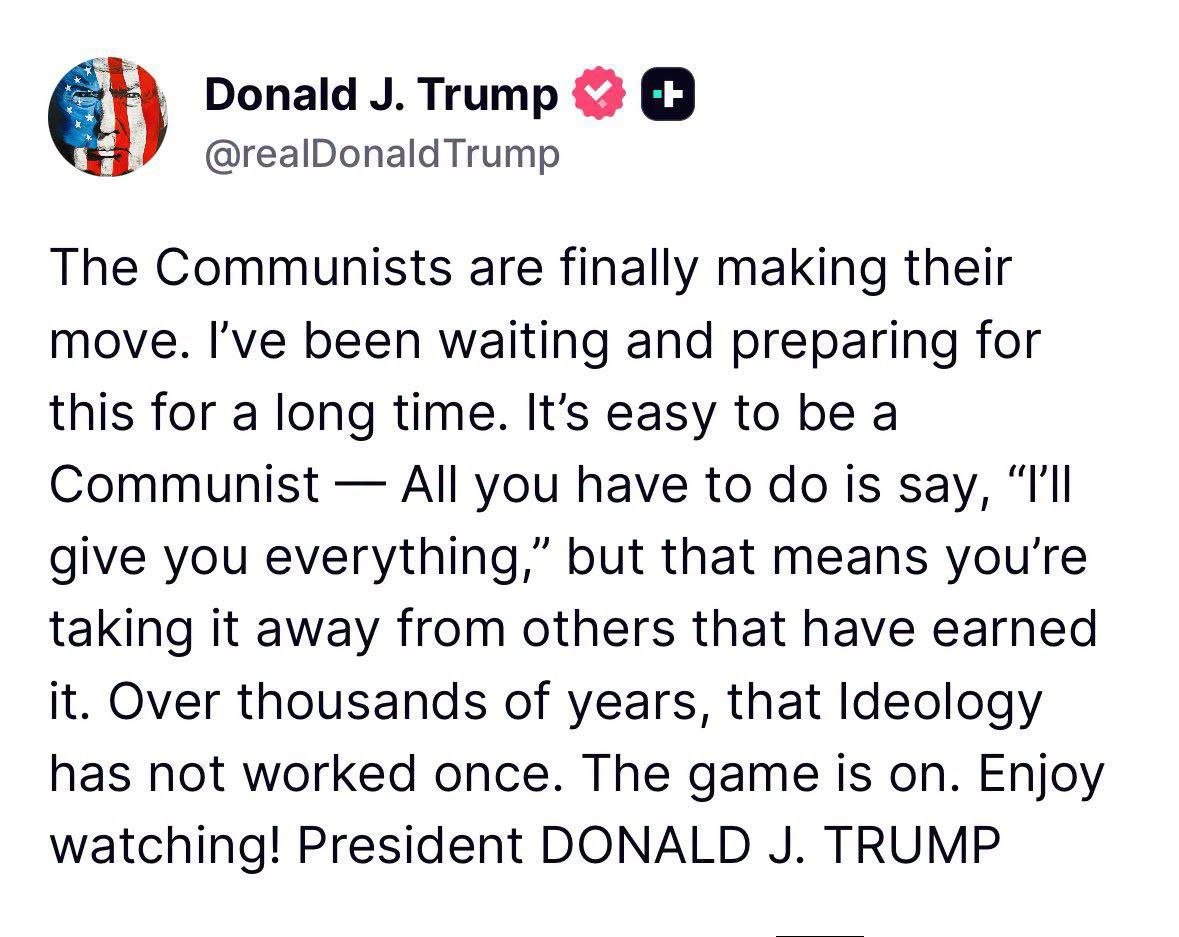 Nesaragesaraknm's tweet photo. Liên Minh tr.eo cổ hết đi. Thứ  Cs toàn là lũ quỷ giả nhân.

Donald J. Trump

@realDonald Trump

Cuối cùng thì những người Cộng sản cũng đang hành động. Tôi đã chờ đợi và chuẩn bị cho điều này từ lâu. Trở thành một người Cộng sản rất dễ - tất cả những gì bạn phải làm là nói, "Tôi sẽ cho các bạn mọi thứ," nhưng điều đó có nghĩa là bạn đang lấy đi những thứ mà những người khác đã xứng đáng có được. Trải qua hàng nghìn năm, hệ tư tưởng đó chưa từng thành công dù chỉ một lần. Cuộc chơi đã bắt đầu. Hãy tận hưởng việc theo dõi! Tổng thống DONALD J. TRUMP