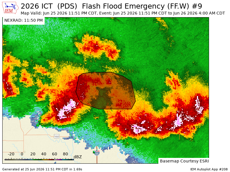 Iembot_emerg's tweet photo. ICT issues Flash Flood Emergency [flash flood: radar indicated, flash flood damage threat: catastrophic] for Butler, Sedgwick [KS] till Jun 26, 4:00 AM CDT https://t.co/F2H8WMVSbL https://t.co/ObMjOG5PKh
