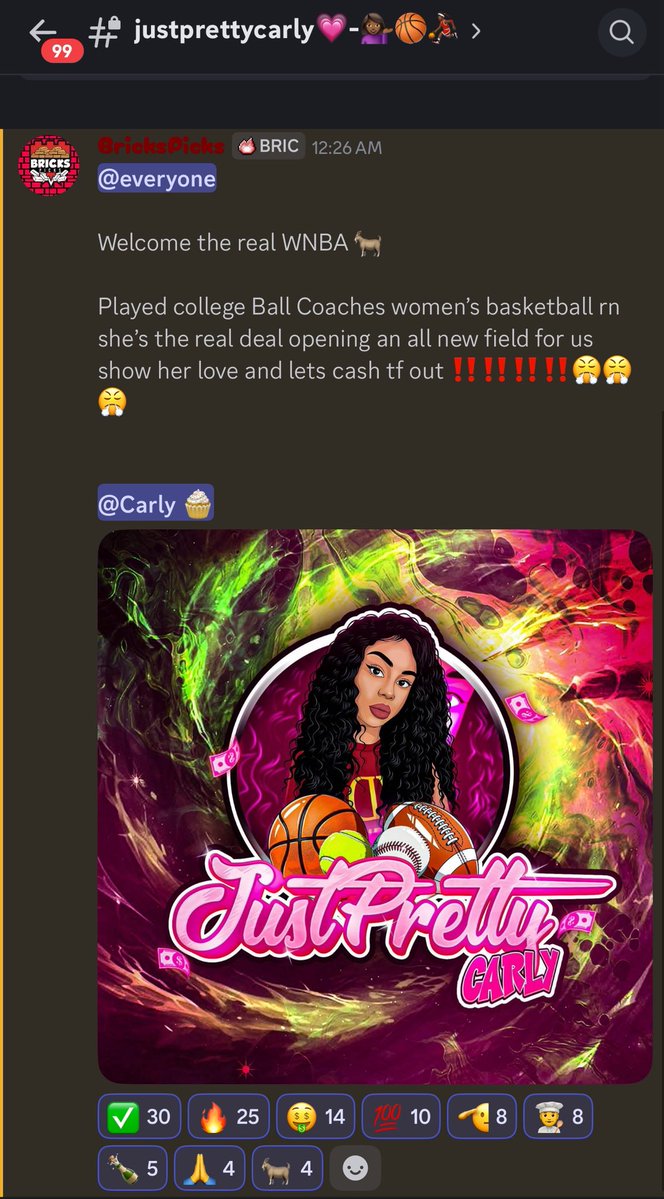 BricksPicks_'s tweet photo. New mod alert 🚨 

Welcome the goat @JustPrettyCarly 

The REAL wnba 🐐 she don’t post no Gobbys and all her reads are 🔥 

Opening new doors for the chat women take my money enough in real life so I’m leaving the gambling up to her 🐐 https://t.co/bfYS8hEwto