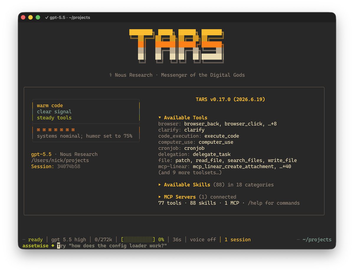 neekoadams's tweet photo. I love Hermes Desktop, but when I’m running multiple coding agents at once, nothing beats the TUI in a single tmux pane. The default skins are great, I just wanted Gruvbox: easy on the eyes and matched to the rest of my setup.

New skin for @NousResearch Hermes Agent

https://t.co/qnMEKnKN8S