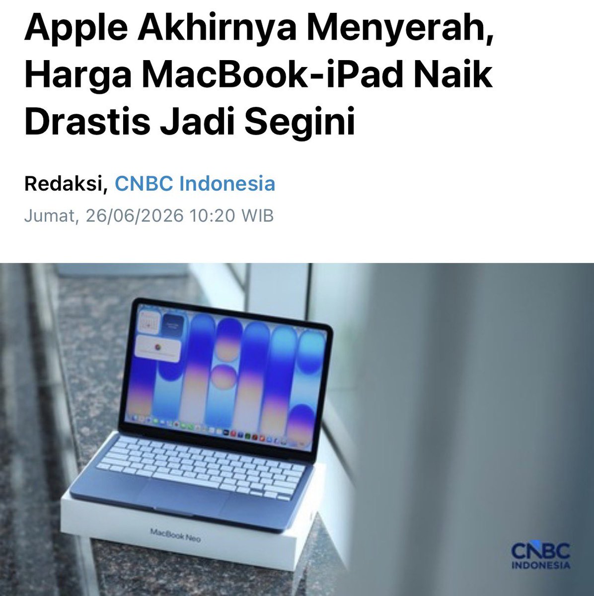 iwalysmh's tweet photo. Buat yang dari kemarin maju mundur buat beli macbook or ipad siap siap nyesel karena harganya naik 100 - 300 dollar gara - gara massive nya penggunaaan AI ☺️🙏🏻

Cc : cnbc Indonesia https://t.co/g2ID2rt2jF