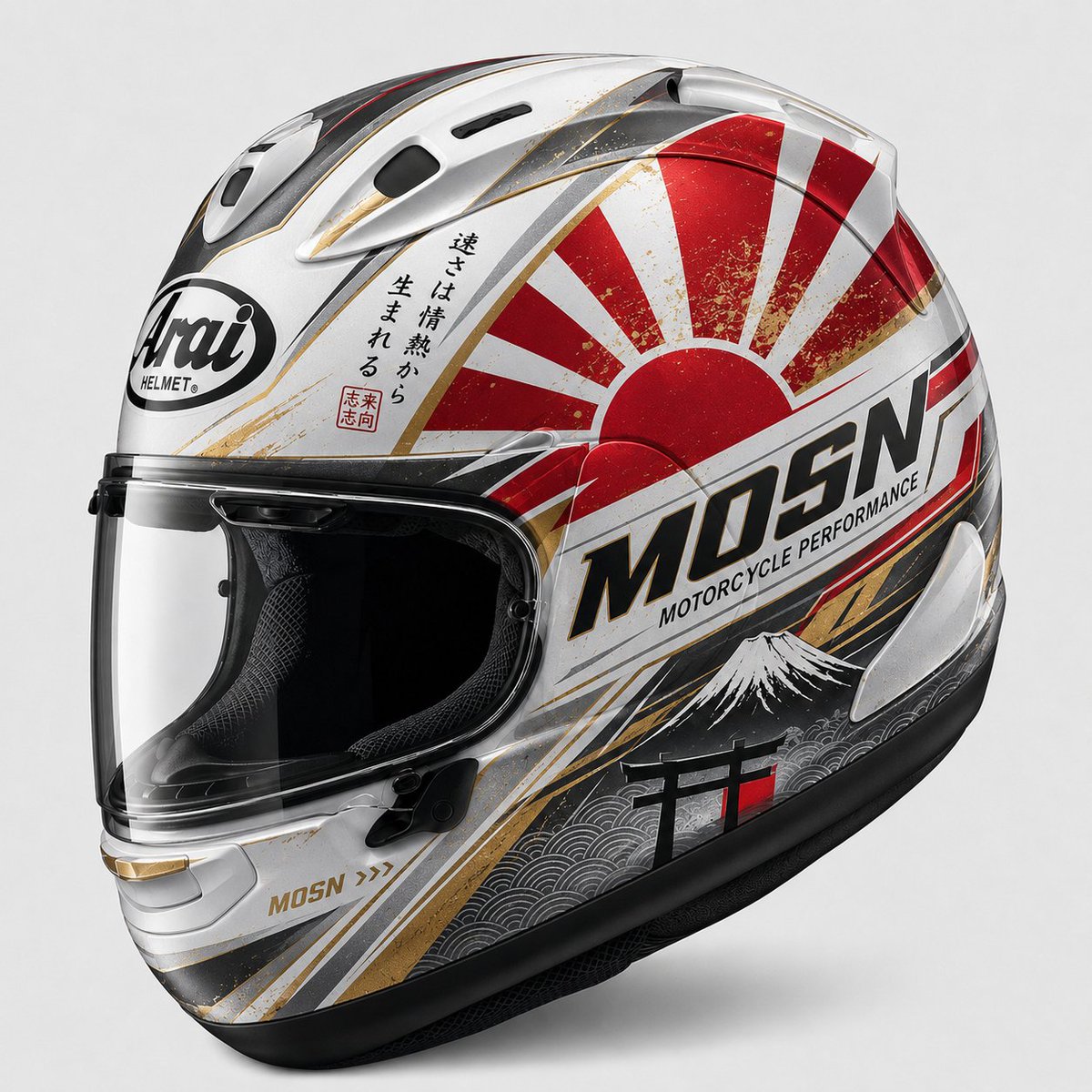 mosn_com's tweet photo. 【MOSN × ARAI RX-7X】アリ？

MOSNならではのデザインを、ARAI RX-7Xに落とし込みます。

日の丸、日本を象徴するモチーフ、そしてSRC仕様のようなカーボン加工。

“ジャパン”を背負う誇りと、プレミアム感を両立したMOSN特別仕様ヘルメット。

数量限定で制作予定です。 https://t.co/HeL60Ao9YF