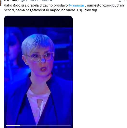 KragelNadja's tweet photo. Nikoli lustriran udbo komunist Milan Kučan še dandanes deluje v škodo države Slovenije. Plenilski tovariši namreč državo razume kot plen za lastno bogatenje. Kakšen prezirajoč odnos ima do slovenske države, ste lahko videli včeraj na  državni proslavi, ko je nosil srajco z rdečo zvezdo. ⬇️Kar Milan Kučan reče, to Nataša Pirc Musar izvede, zato se naj ne čudi, da jo je folk izžvižgal zaradi politikatstva, ki ga je uprizorila na proslavi dneva državnosti.