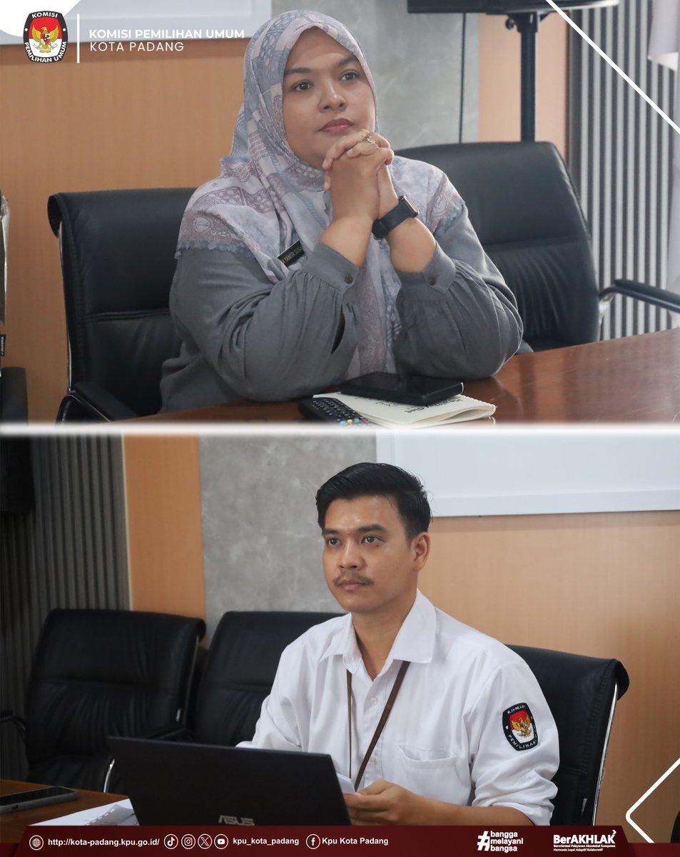 PadangKpu's tweet photo. TemanPemilih, Kasubbag Parhumas dan SDM Rika Yanita Susanti Bersama Operator PPID Irwan Yondi mengikuti kegiatan Pendampingan Pengisian E-Monev Keterbukaan Informasi Publik bersama KPU Kabupaten/Kota se-Sumatera Barat secara daring melalui Zoom Meeting. Kamis (25/06/26). https://t.co/dEZ6j9CDbp