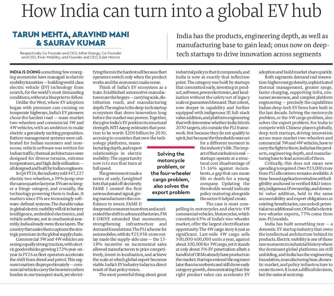 RMantri's tweet photo. How India can turn into a global EV hub https://t.co/tH2t1Twm5r

"India has the products, engineering depth, as well as manufacturing  base to gain lead; onus now on deep-tech startups to drive innovation  across segments"

A must read op-ed by @tarunsmehta of @atherenergy, Aravind Mani of @worldofriver and @sauravk_89 of @Euler_Motors!