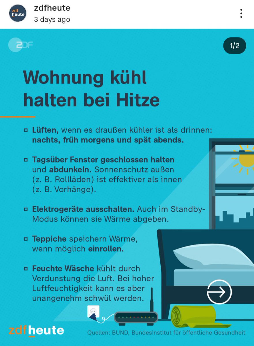 tobiaschneider's tweet photo. Germany's public broadcaster actually put out an infographic this week discouraging people from using AC units because they "merely displace" heat which would be replaced by more hot air. Instead they recommend unplugging electronics, rolling up carpets, and hanging wet laundry https://t.co/AOlJKe9iAk