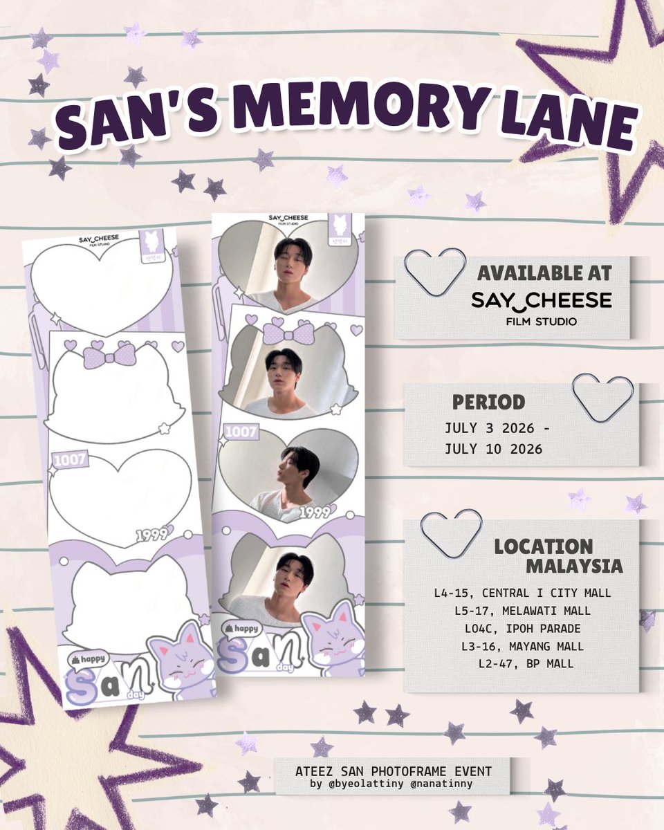 byeolattiny's tweet photo. ‧₊˚ ୨ 𝓈𝒶𝓃’𝓈 𝓂ℯ𝓂ℴ𝓇𝓎 𝓁𝒶𝓃ℯ ୧ ˚₊

🐱💜 Step into San’s Memory Lane and celebrate a birthday filled with unforgettable moments. Capture your memories with our exclusive San-themed photoframe and make this celebration one to remember. ✨📸

We can’t wait to celebrate with every ATINY! 🤍

🍭 Limited quantity freebies available (First Come, First Served).

📅 July 3 – July 10, 2026
📍Saycheese Studio MY

#SanMemoryLane #ATEEZ #SAN