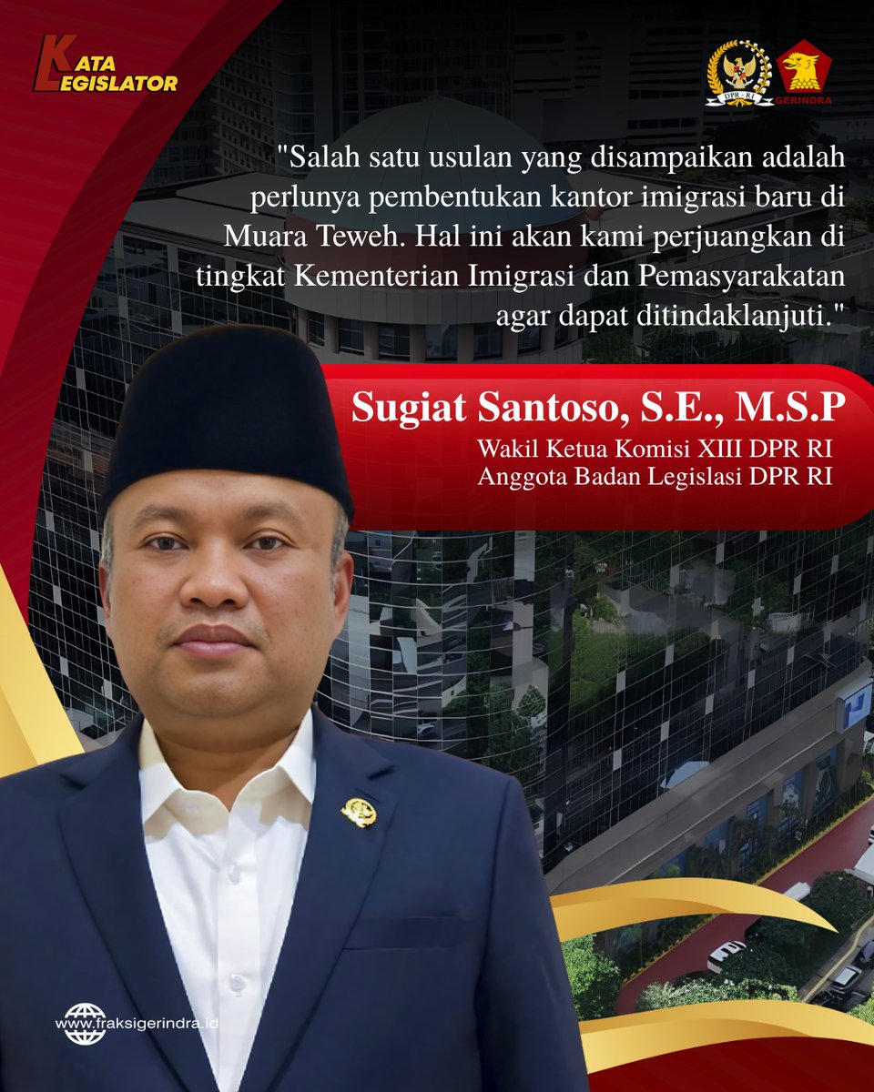 Fraksi_Gerindra's tweet photo. Pemerataan layanan keimigrasian menjadi langkah penting untuk menghadirkan pelayanan publik yang lebih cepat, mudah, dan menjangkau seluruh masyarakat.
#FraksiGerindra #KataLegislator #SugiatSantoso #KomisiXIII #Imigrasi https://t.co/crZ8KTsVI9