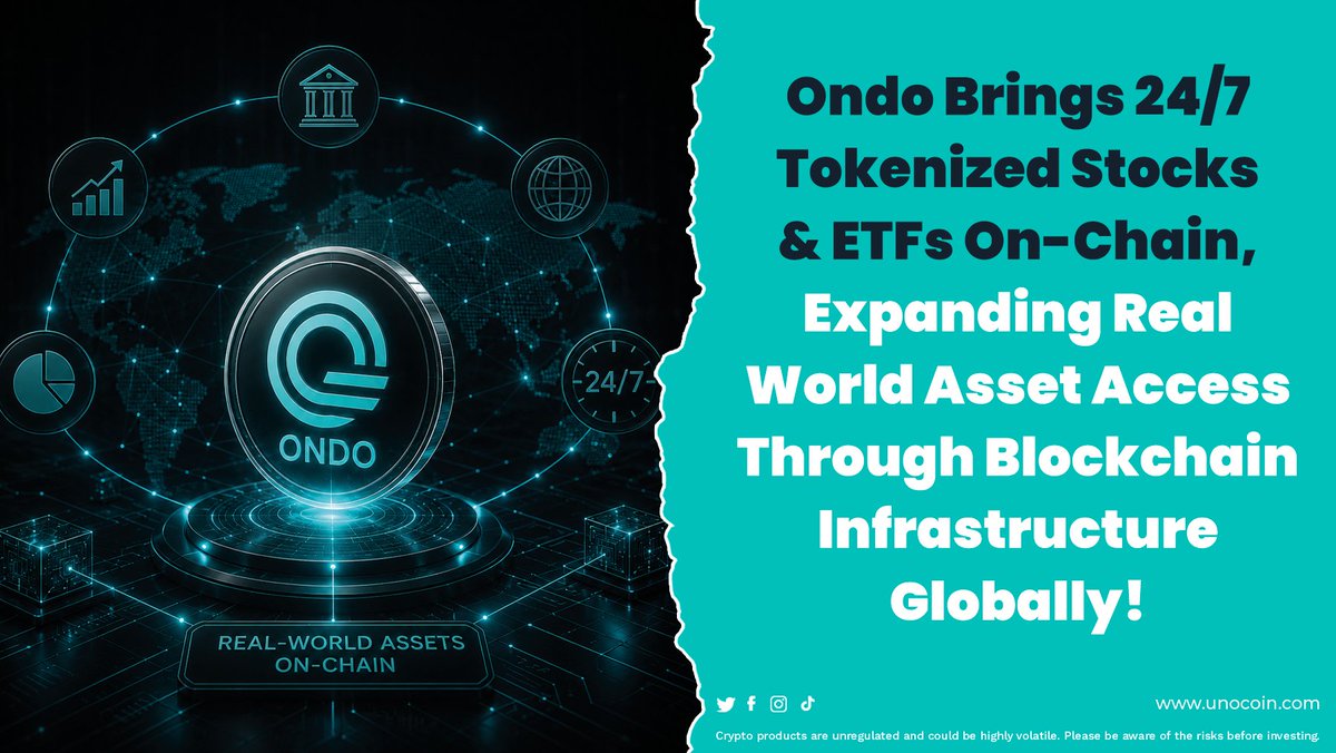Unocoin's tweet photo. Ondo is bringing tokenized stocks & ETFs on-chain.

🔹Global access
🔹 Real-world assets on blockchain
🔹 24/7 availability

The next phase of financial innovation
The future of investing is becoming increasingly tokenized.

#RWA #Tokenization #Blockchain #Web3 #CryptoNews #Unocoin