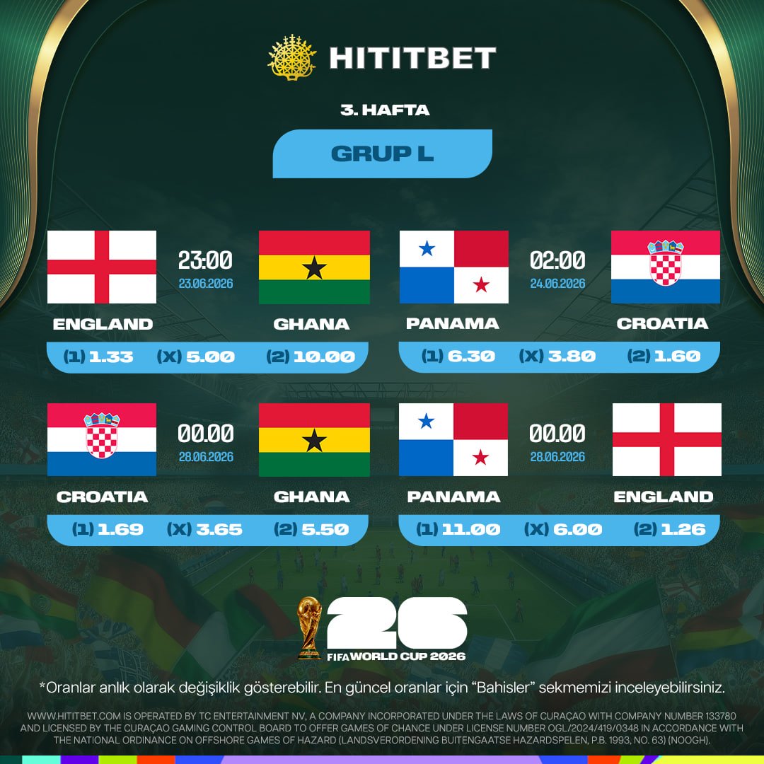 Hititbet_resmi_'s tweet photo. 🌍Dünya Kupası 2026 ! 

28.06.2026 Sabah

🔜Hırvatistan - Gana  00.00
🔜Panama - İngiltere    00:00
🔜Kolombiya - Portekiz   02:30
🔜Demokratik Kongo C. - Özbekistan  02:30
🔜Ürdün - Arjantin        05.00
🔜Cezayir - Avusturya   05:00

 Maç 90 dakika !
https://t.co/RAFXTrERIo https://t.co/gMPKtKOBV8