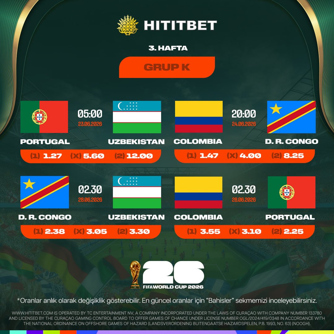 Hititbet_resmi_'s tweet photo. 🌍Dünya Kupası 2026 ! 

28.06.2026 Sabah

🔜Hırvatistan - Gana  00.00
🔜Panama - İngiltere    00:00
🔜Kolombiya - Portekiz   02:30
🔜Demokratik Kongo C. - Özbekistan  02:30
🔜Ürdün - Arjantin        05.00
🔜Cezayir - Avusturya   05:00

 Maç 90 dakika !
https://t.co/RAFXTrERIo https://t.co/gMPKtKOBV8