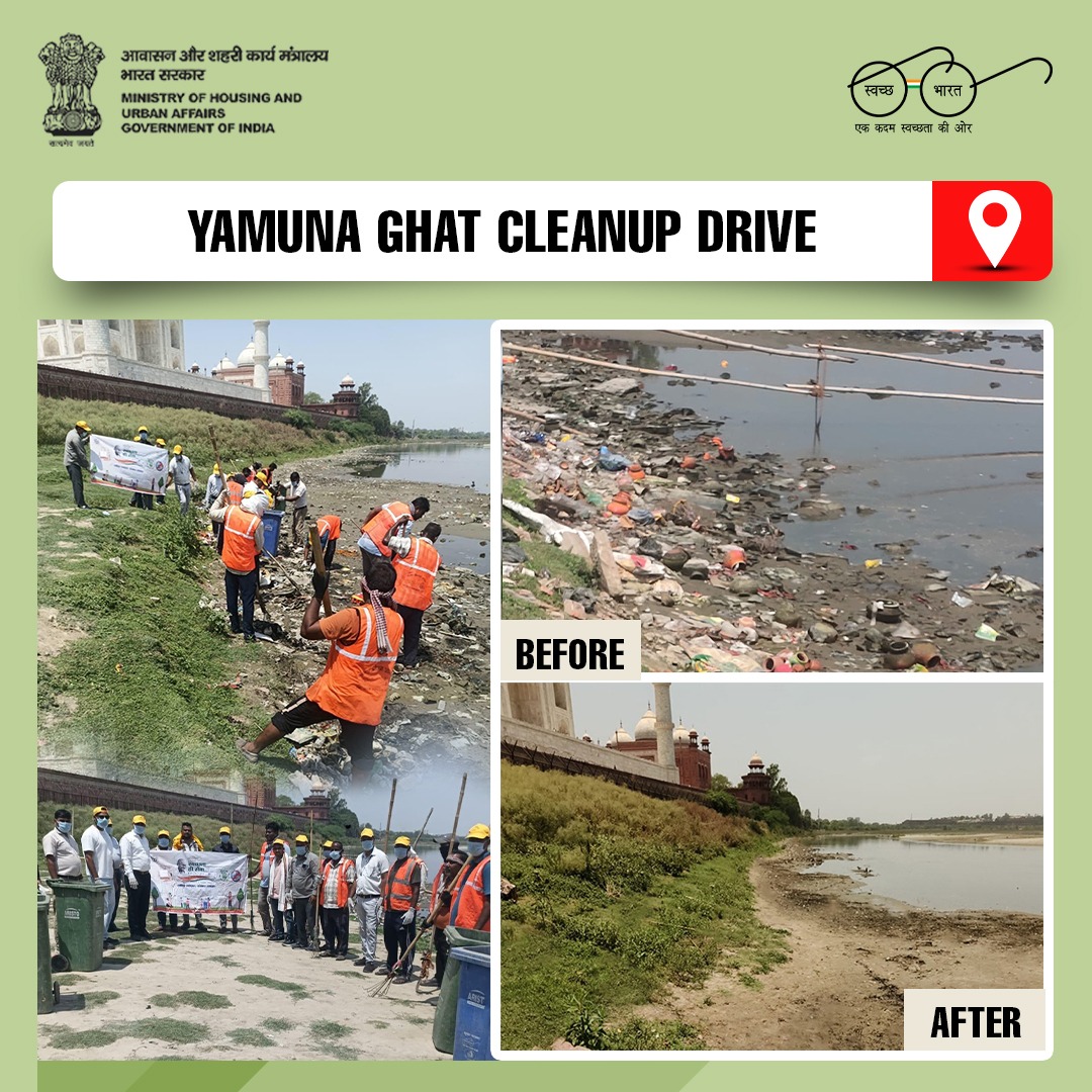 SwachhBharatGov's tweet photo. Agra Nagar Nigam carried out a dedicated Swachhata drive at the Yamuna Ghats, with sanitation teams and community members working together to remove waste and restore cleanliness. The initiative focused on #VisibleCleanliness &amp; maintaining a #GarbageFree riverfront. #SwachhBharat https://t.co/zX86UZ8S2D
