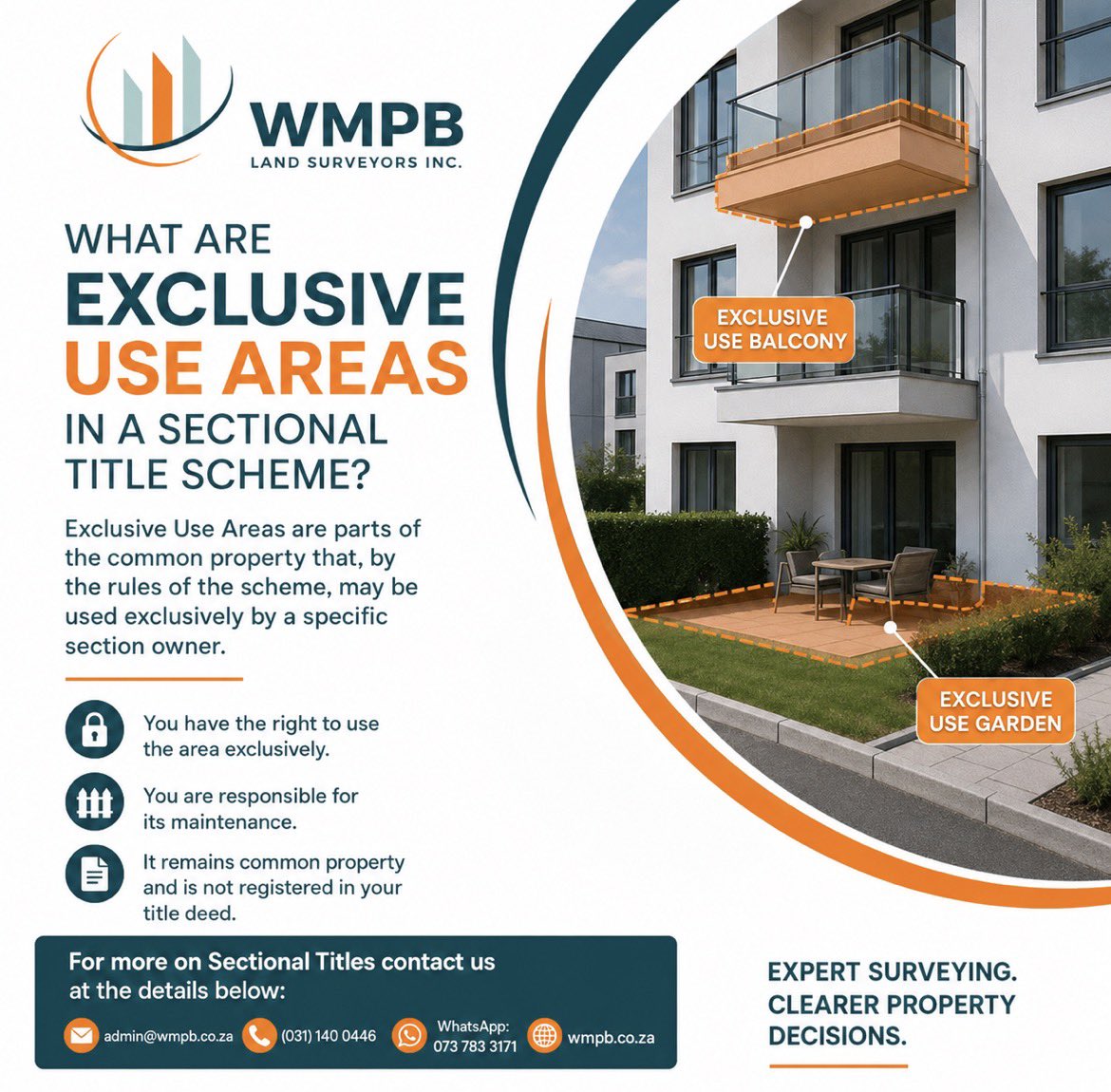 WMPB_Inc's tweet photo. 🏠 IN A SECTIONAL TITLE UNIT, WHAT IS AN EXCLUSIVE USE AREA?

In many sectional title schemes, certain areas are reserved for the exclusive use of specific owners.

Examples include:
✔ Parking bays
✔ Gardens
✔ Balconies ✔ Private gardens ✔ Storerooms ✔ Courtyards

Although these areas may form part of the common property, exclusive use rights provide certain owners with legal rights to use them exclusively.

Accurate surveying is essential to ensure these areas are correctly identified and registered.

For more on Sectional Titles contact us at the details below:

📧 admin@wmpb.co.za ☎️ (031) 140 0446 📱 WhatsApp: 073 783 3171 🌐 https://t.co/MZF2XNaDqc

#LandSurveying #SectionalTitle #PropertyOwnership #PropertyDevelopment