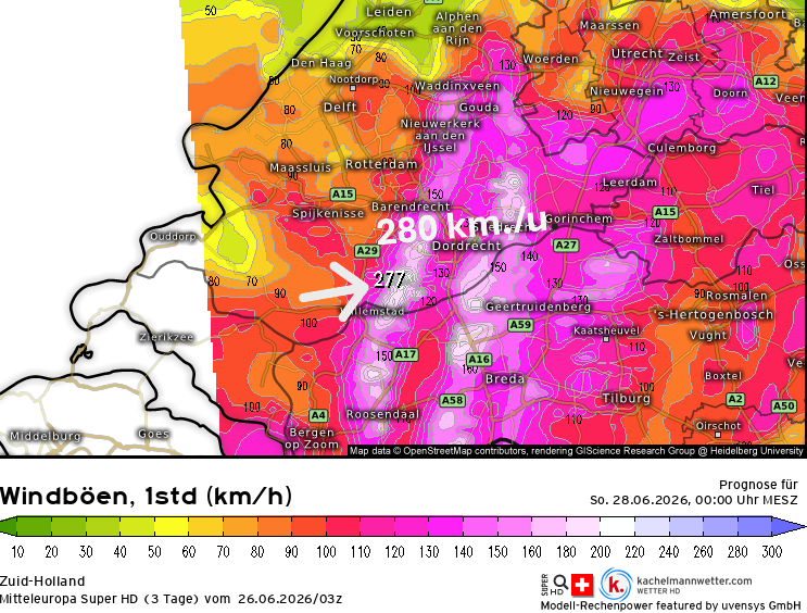 Weerprimeur's tweet photo. #NOODWEER morgen later..
Oei dit is serieuze shit! Een absurde rukwind van bijna 280 kilometer per uur berekend..
Dat zou vernietigende impact kunnen hebben in de omgeving #Dordt. Gelukkig is dit nog een uitbijter maar geeft aan hoe het met de potentiele onweersenergie zit. https://t.co/ZMw1L6bq8F