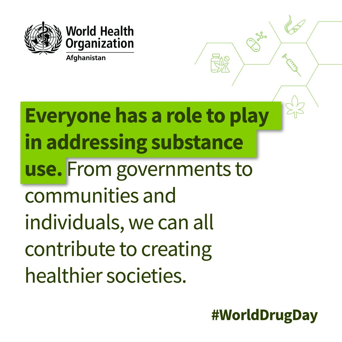 Atalnasrat's tweet photo. Everyone has a role to play in addressing substance use. From governments to communities and individuals, we can all contribute to creating healthier societies.
#WorldDrugDay
@UNV_Afghanistan 
@WHOAfghanistan 
@UNODC_COAFG https://t.co/MEGf0emmU0