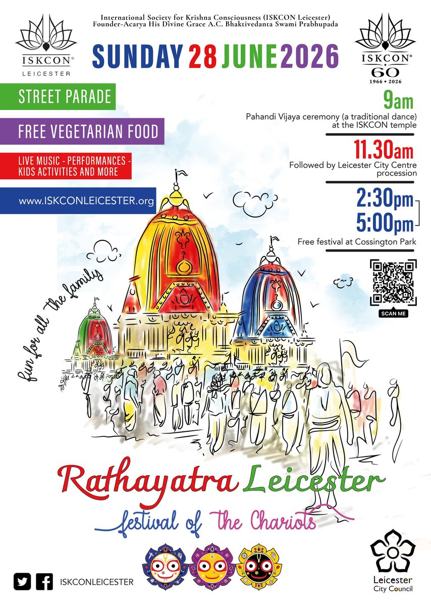 Leicester_News's tweet photo. Road closures will be in place in the city centre from 11.30am on Sunday for the festival of #Rathayatra. A 40ft chariot will make its way from Gallowtree Gate and along the Golden Mile to a free event in Cossington Park. All welcome!
https://t.co/ML6oeFRuNw https://t.co/OhPm72wyQn
