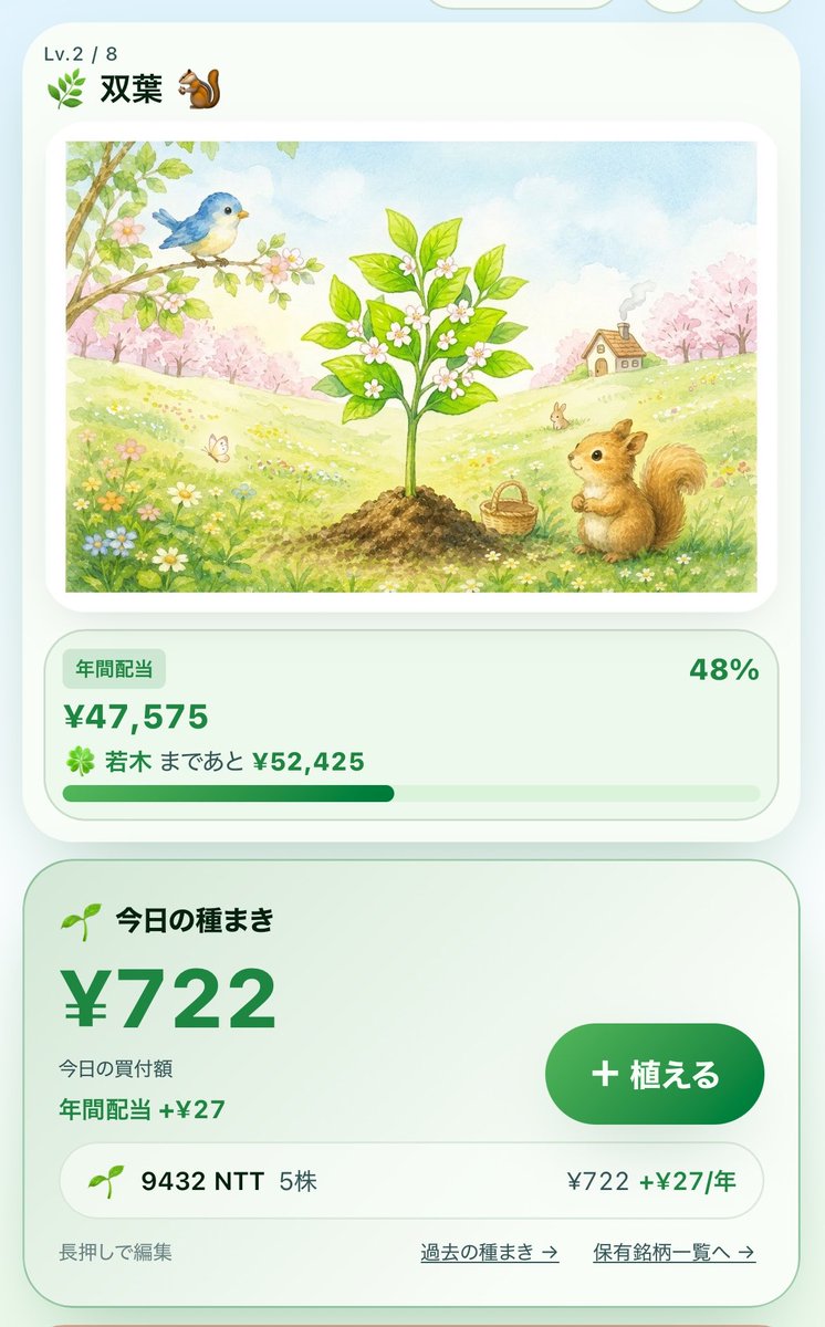 Wakaba_tree's tweet photo. 🌱今日の種まき🌱

NTT 70→75株

#高配当株
#S株
#配当の木 https://t.co/kMdvmrCnyw