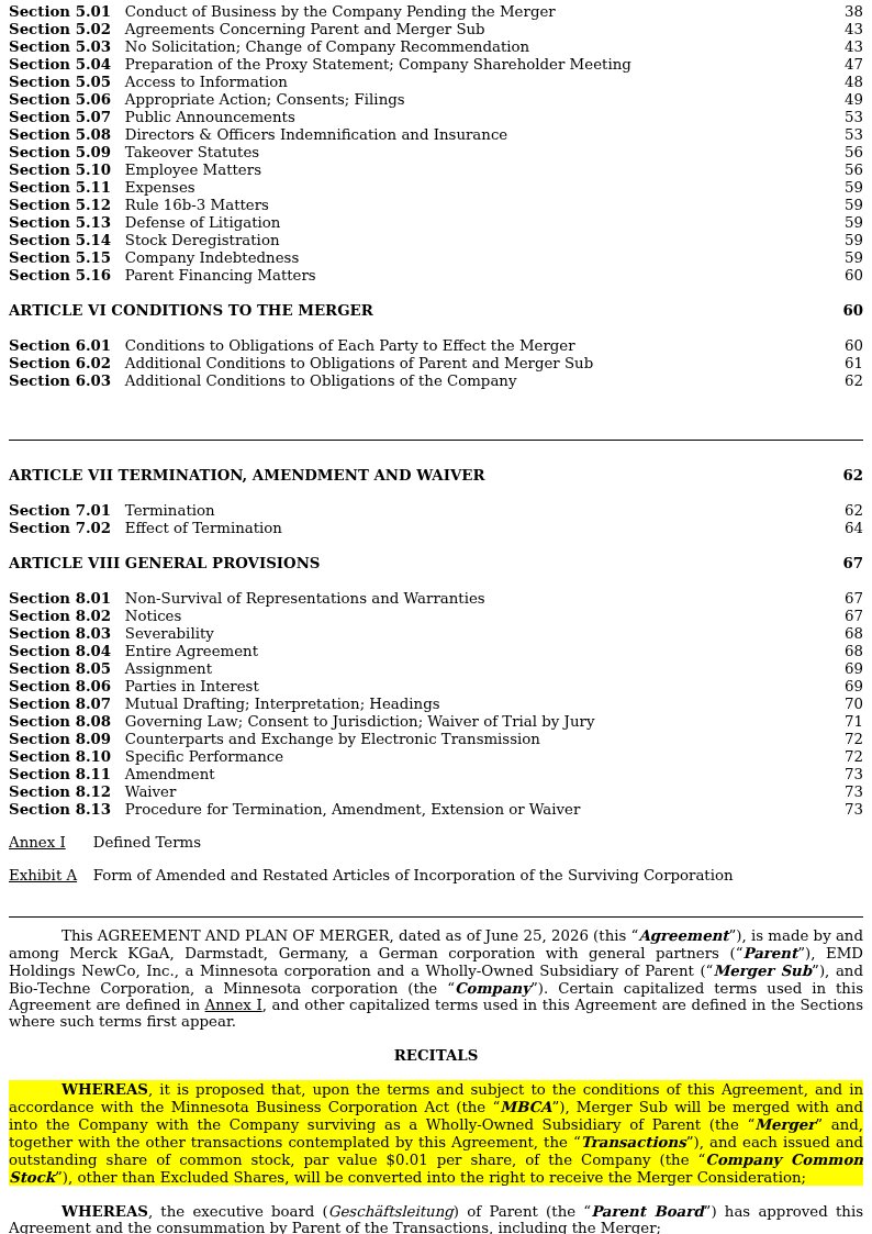 trmnl_data's tweet photo. $TECH: $73/Share All-Cash Acquisition by Merck KGaA

• Merck KGaA acquiring Bio-Techne at $73.00/share cash; Board unanimously approved, shareholder vote required.
• Parent termination fee of $576.14M triggers only on antitrust/regulatory failure — asymmetric break fee structure.
• Merck's regulatory remedy obligations contractually capped to Life Science sector only — limits divestiture exposure, structurally de-risks deal closure.