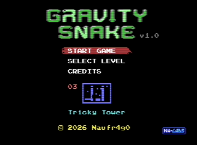 Naufr4g0's tweet photo. I know it may not be obvious, but in #GravitySnake the RESTORE key at any time takes you back to the main menu and allows you to select any level you've already passed. #c64 https://t.co/3D7nqF6eYP