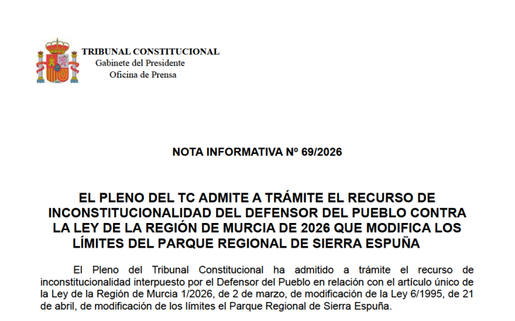 TConstitucionE's tweet photo. Nota de prensa | El Pleno del TC admite a trámite del recurso de inconstitucionalidad del Defensor del Pueblo contra la Ley de la Región de Murcia de 2026 que modifica los límites del Parque Regional de Sierra Espuña https://t.co/OpPiFsOlZF https://t.co/jkg3C8wqo2