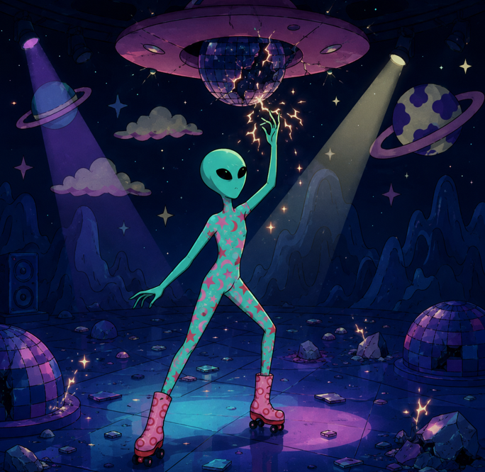 DISCOALIENONSOL's tweet photo. $DISCOALIEN wasn’t born on a planet - it appeared inside a broken disco signal drifting through deep space.
When the UFO beam hit the lost mirror ball, silence turned into rhythm and the universe found its first dancefloor.

#DISCOALIEN #Pump #Solana https://t.co/OvrSYQtNKu