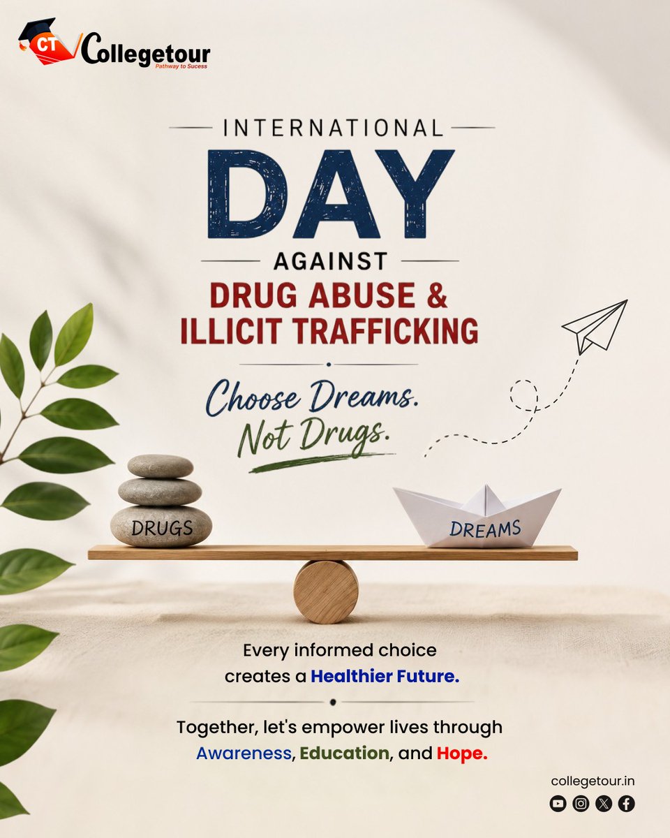 collegetour0's tweet photo. On this International Day Against Drug Abuse and Illicit Trafficking, CollegeTour stands for informed decisions, healthier lifestyles, and a generation that chooses knowledge over addiction.
Let's educate, empower, and inspire a drug-free tomorrow.

#DrugFreeFuture https://t.co/4IigRAsE1I