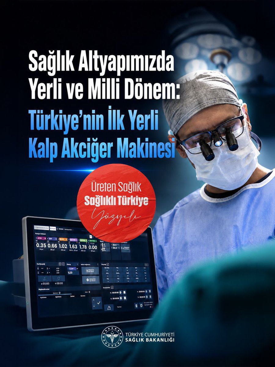 ismgovtr's tweet photo. Sağlık alt yapımızda yerli ve milli dönem!

Sağlık Bakanlığı ve ASELSAN’ın millî imkânlarla ürettiği kalp-akciğer makinesi, ilk klinik ameliyatında başarı sağladı ve sorunsuz çalıştı.

Üreten sağlık vizyonuyla, Türkiye, sağlık teknolojisinde küresel bir güç olacak.

#ÜretenSağlık https://t.co/ZLYv5JMbrq