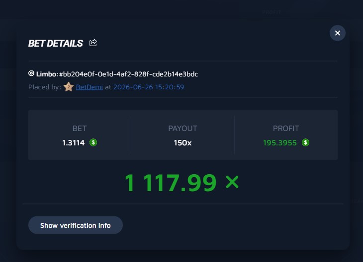 Mr_Demi92's tweet photo. 🔥 Nice win in Limbo! 🔥
150x multiplier — $195 profit!
So satisfying! 😎💰 https://t.co/BLhhztOQ7T