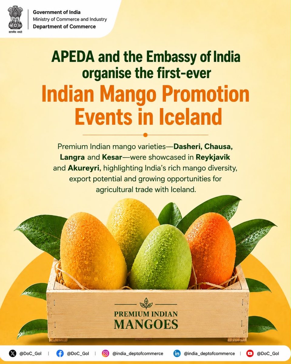 DoC_GoI's tweet photo. Strengthening global market access for India’s premium agricultural produce.

Through sustained export promotion efforts, Indian mangoes are reaching newer international markets, enhancing visibility, fostering business partnerships and creating fresh opportunities for exporters. These initiatives reaffirm India’s commitment to expanding the global footprint of its high-quality horticultural produce.

Read more: https://t.co/z7jk4ICTPU

#IndianMangoes #APEDA #IndiaExports #AgricultureExports @PIB_India @RajeshAgrawal94 @APEDADOC