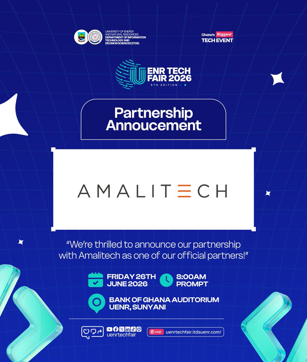 amali_tech's tweet photo. AmaliTech is live at the UENR Tech Fair 2026 right now!

We are proud to be an official partner of the fair, now in its 5th edition, at the Bank of Ghana Auditorium, UENR, Sunyani.

Connecting with the next generation of tech talent is not just something we talk about. It is something we show up for. At AmaliTech, we train talent, create employment, and invest in the ecosystems that make African graduates globally competitive.

If you are at UENR Tech Fair today, come find us!

#WorkwithAmaliTech