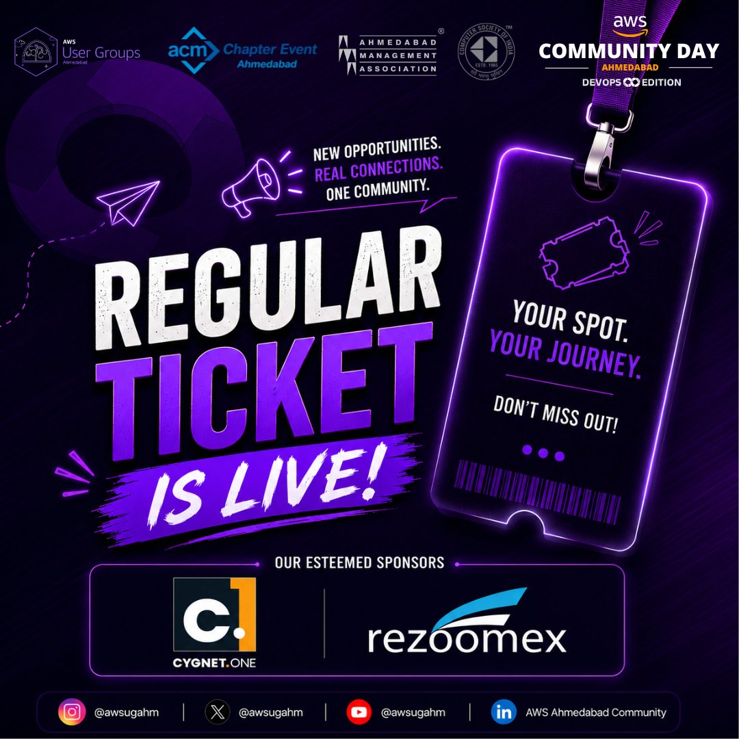 Cycad_Palm's tweet photo. 🎟️ Regular Tickets are LIVE for AWS Community Day Ahmedabad 2026 – DevOps Edition!

Missed the Early Bird? Secure your spot today and join the community. 🚀

#DEVOPSEDITION2026 #AWSome #AWSUGAHM #AWSCommunityIndia #AWSCommunityAhmedabad https://t.co/qISXd328aI