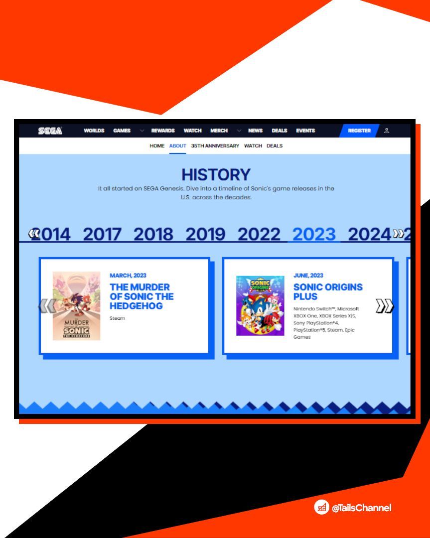 TailsChannel's tweet photo. New: The English Sonic the Hedgehog website has been updated with new overview portals, covering the history of Sonic game releases, a host of character overviews and bios, and currently active deals available for Sonic's library.

🦔 https://t.co/k77Fjh0LHq

#SonicNews https://t.co/lVlH1dKgvN